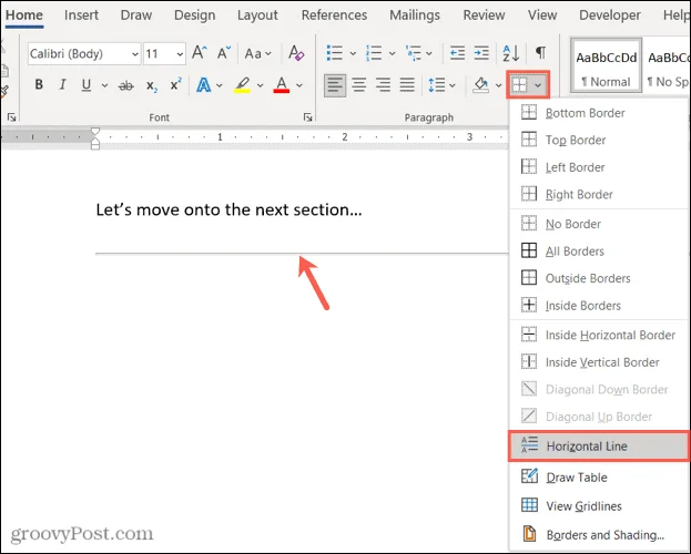 Vaakaviivan poistaminen Microsoft Wordista