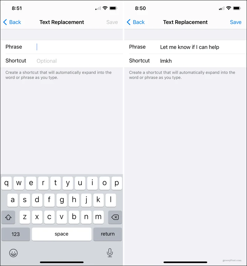 Spara skrivtid med textersättningar på iPhone