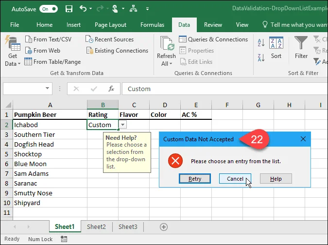 Sådan opretter du drop-down lister ved hjælp af datavalidering i Microsoft Excel