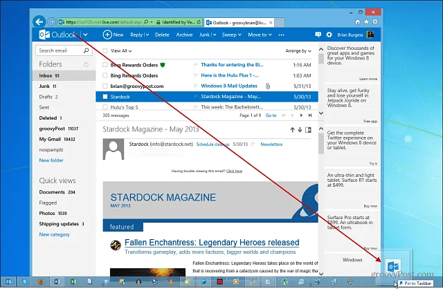 Outlook.comin kiinnittäminen Windowsin tehtäväpalkkiin