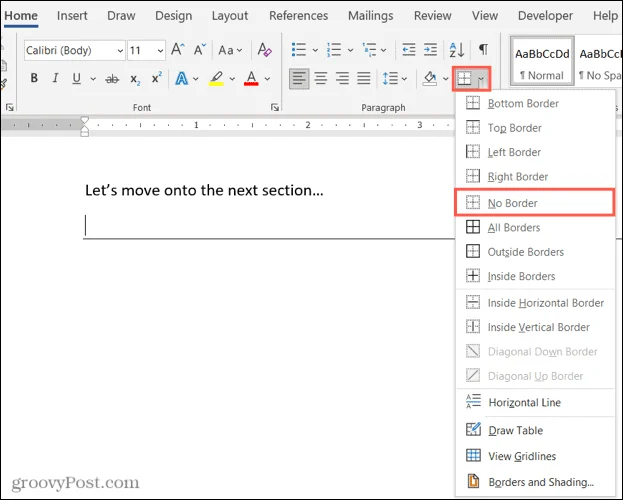 Vaakaviivan poistaminen Microsoft Wordista