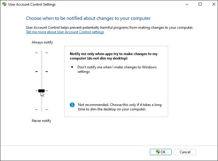 A felhasználói fiókok felügyeletének (UAC) letiltása Windows 11 rendszeren