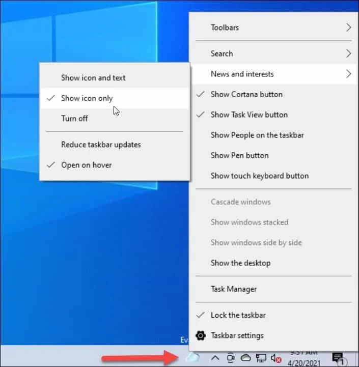 A Hírek és érdeklődési körök widget letiltása a Windows 10 tálcán