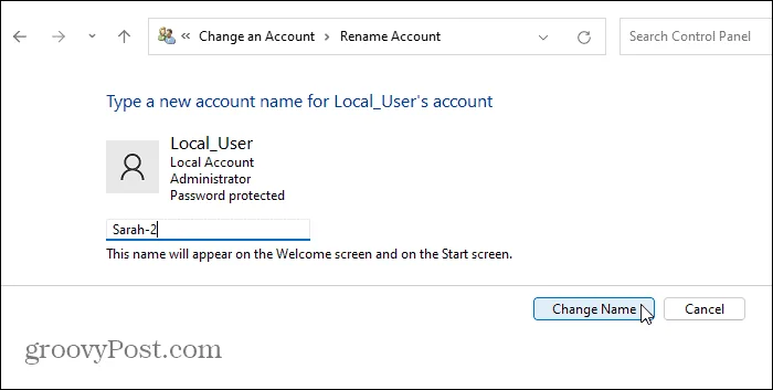 Fióknév megváltoztatása Windows 11 rendszeren