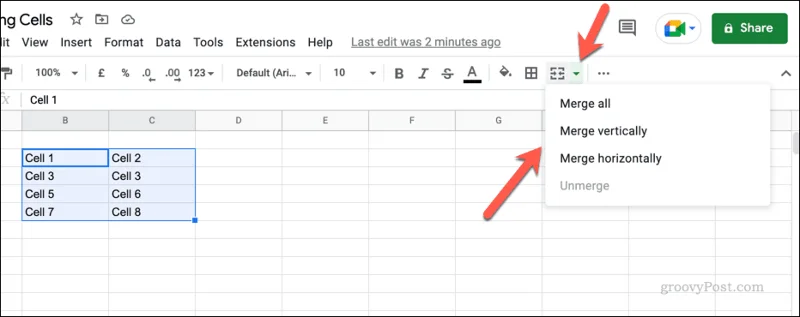 Slik slår du sammen og opphever sammenslåingen av celler i Google Sheets Slik slår du sammen og opphever sammenslåingen av celler i Google Sheets