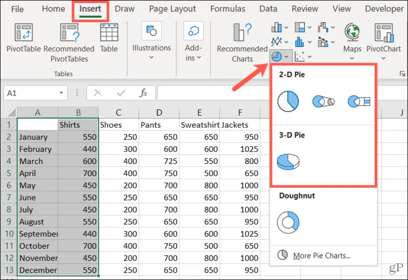 Sådan laver du et cirkeldiagram i Microsoft Excel