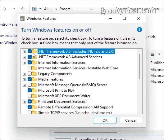 Sådan aktiverer du .NET Framework 2.0 og 3.5 i Windows 11