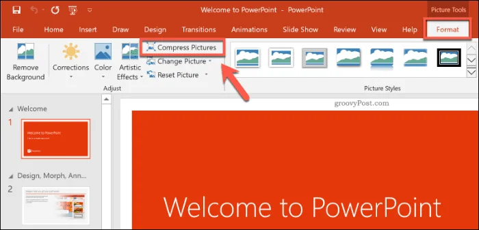 Sådan reducerer du filstørrelsen på en PowerPoint-præsentation