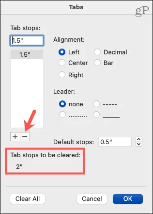Rensa tabbstopp på Mac