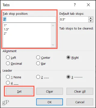 Ställ in ytterligare tabbstopp