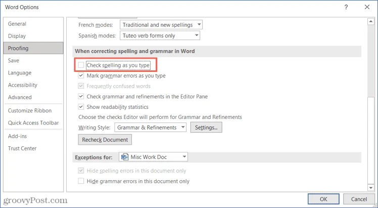Hur man stänger av stavningskontrollen i Microsoft Word