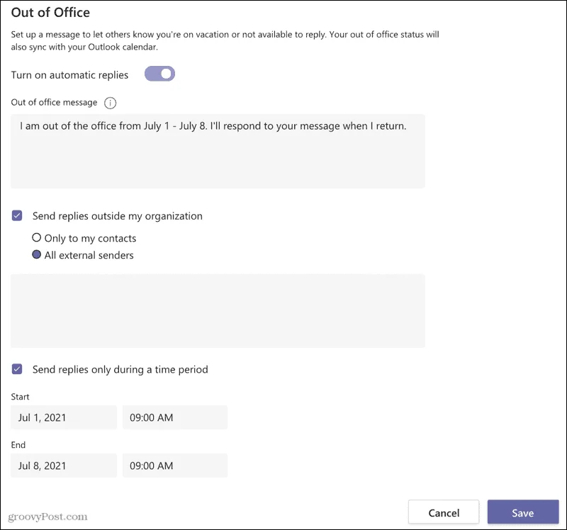 Hur man ställer in ett frånvaromeddelande i Microsoft Teams