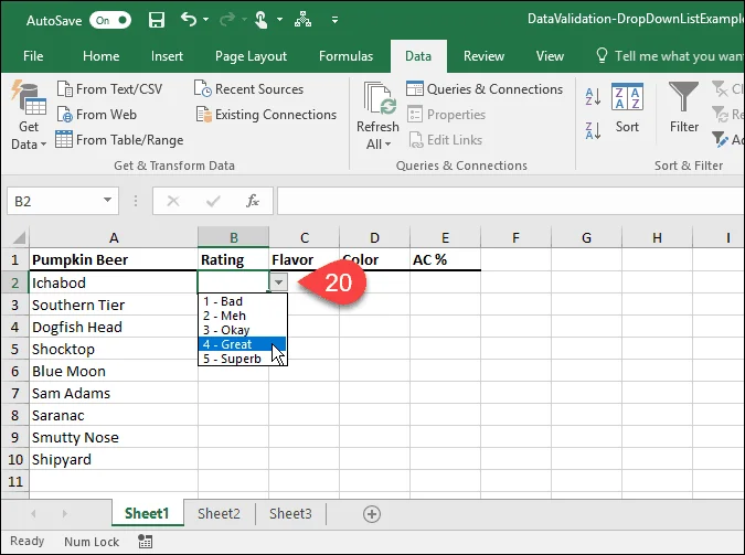 Sådan opretter du drop-down lister ved hjælp af datavalidering i Microsoft Excel