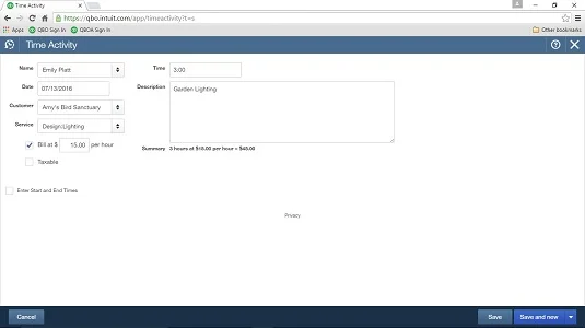 Számlázható időbejegyzések létrehozása a QuickBooks Online-ban