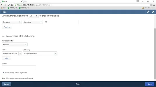 Szabályok létrehozása a QuickBooks Online-ban a tranzakciók elfogadásához