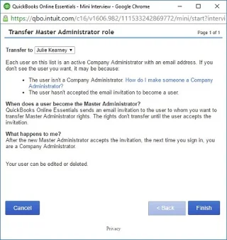 A főadminisztrátori jogok visszaadása az ügyfélnek a QuickBooks Online szolgáltatásban