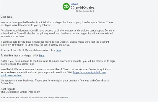 A főadminisztrátori jogok visszaadása az ügyfélnek a QuickBooks Online szolgáltatásban
