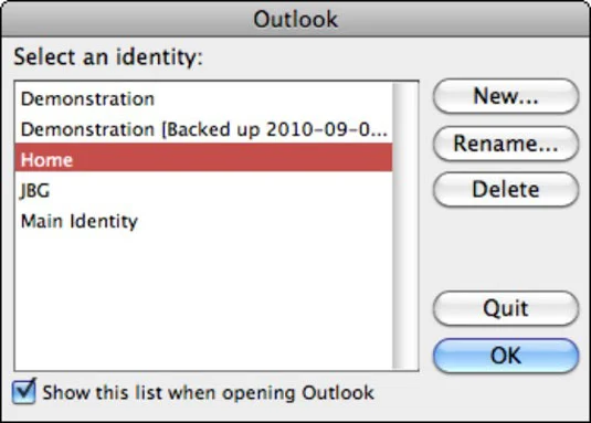 Outlook identitāšu maiņa programmā Office 2011 darbam ar Mac