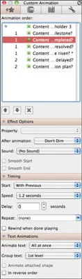 Teksta efektu animācijas opcijas programmā PowerPoint 2011 darbam ar Mac