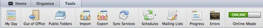 Navigācija cilnē Outlook rīki programmā Office 2011 darbam ar Mac