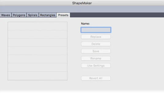 Vahekaardid QuarkXPress ShapeMakeri dialoogiboksist
