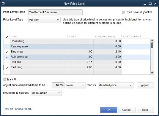 Az árak és az árszintek beállítása a QuickBooks 2017-ben