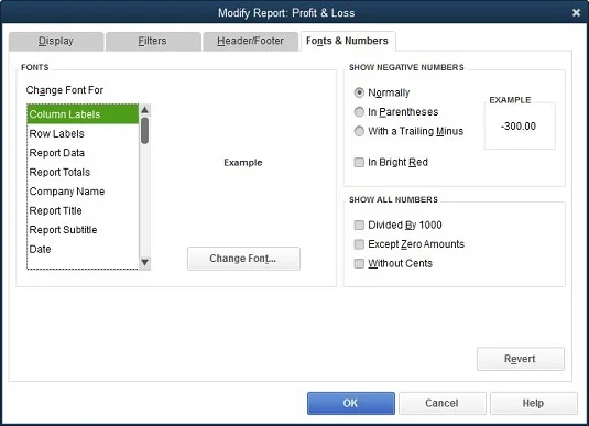 A jelentés betűtípusainak és számainak formázása a QuickBooks 2017-ben