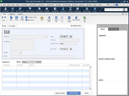 Számlák rögzítése a Számlabevitel ablakon keresztül a QuickBooks 2017-ben