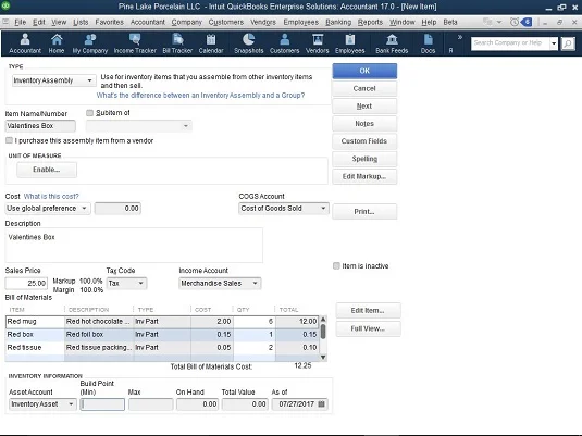 Сглобяване на продукт в QuickBooks 2017