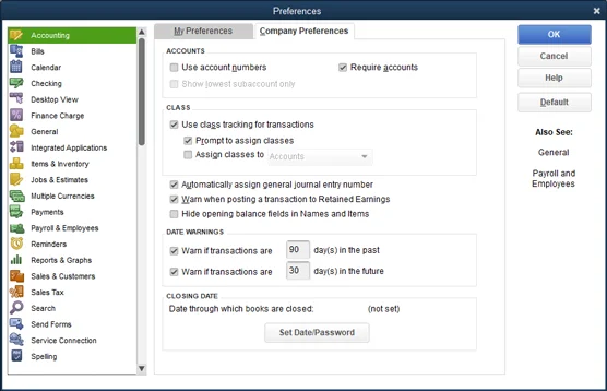 Как да зададете счетоводни предпочитания на QuickBooks 2021