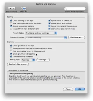 Pareizrakstības un gramatikas pārbaudes izslēgšana programmā Word darbam ar Mac