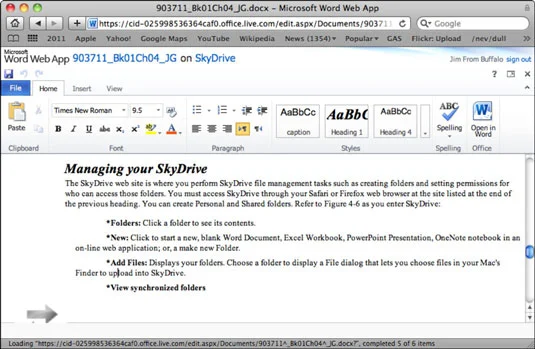 Failu pārvaldība, izmantojot SkyDrive programmā Office 2011 darbam ar Mac