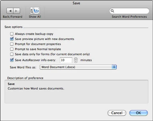 Automātiskās atkopšanas failu atkopšana programmā Word for Mac 2011