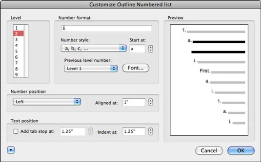 Vytváření víceúrovňových číslovaných seznamů v aplikaci Word 2011 pro Mac