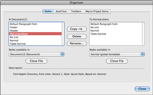 Word Organizer izmantošana programmā Office 2011 darbam ar Mac