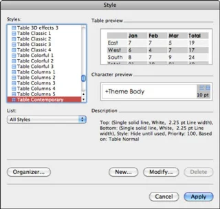 Táblázatstílusok alkalmazása a Word 2011 for Mac programban