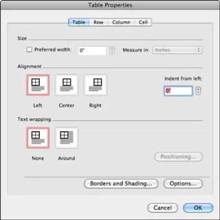 Word 2011 darbam ar Mac: Navigācija dialoglodziņā Tabulas rekvizīti