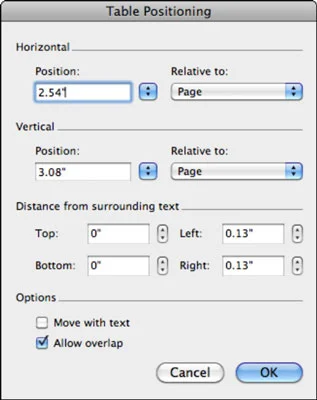 Word 2011 darbam ar Mac: Navigācija dialoglodziņā Tabulas rekvizīti