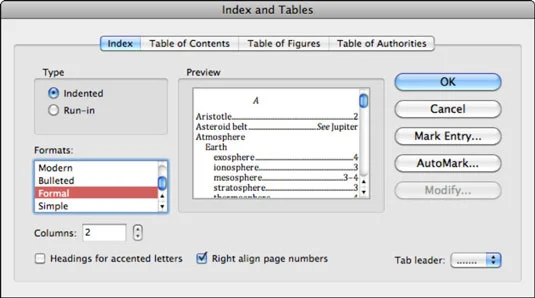 Izveidojiet indeksu programmā Word 2011 darbam ar Mac