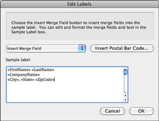Word 2011 darbam ar Mac: uzlīmju izveide, sapludinot no Excel