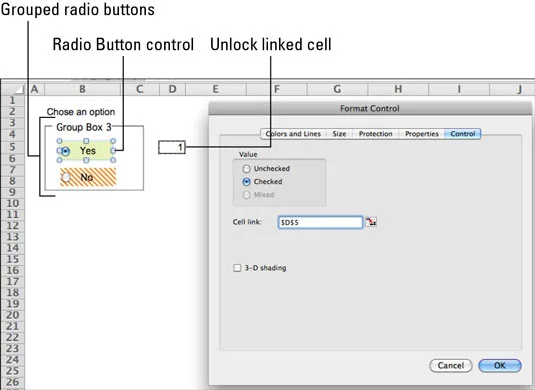 Radio pogu izveide Excel veidlapām programmā Office 2011 darbam ar Mac
