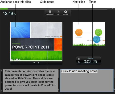PowerPoint prezentētāja skata izmantošana programmā Office 2011 darbam ar Mac