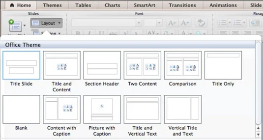 PowerPoint slaidu izkārtojuma izvēle programmā Office 2011 darbam ar Mac