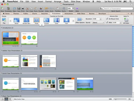 Office 2011 darbam ar Mac: sakārtojiet PowerPoint prezentācijas, izmantojot slaidu kārtotāja skatu