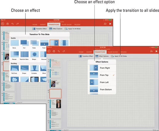 Kā lietot slaidu pārejas programmā PowerPoint iPad