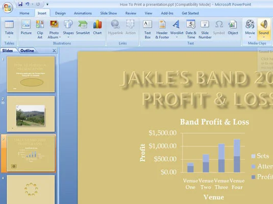 Kā ievietot skaņu atskaņošanas sarakstu savā PowerPoint 2007 slaidā