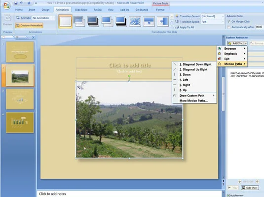 Kako ustvariti pot gibanja za premikanje elementov po diapozitivu PowerPoint 2007