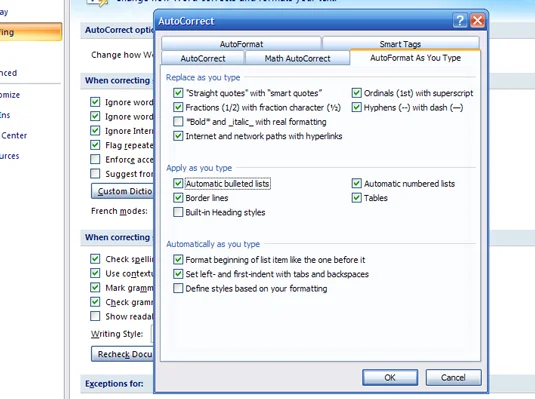 Kā izslēgt automātisko sarakstu programmā Word 2007