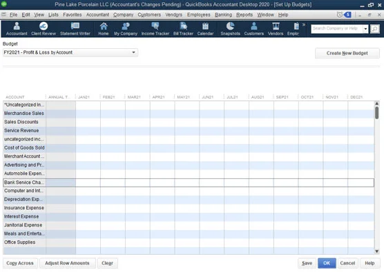 A QuickBooks költségvetés-beállítási ablakának használata