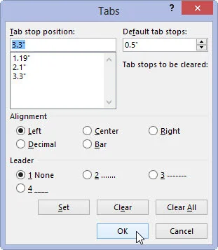 Kā iestatīt tabulēšanas pieturu programmā Word 2013 dialoglodziņā Tabs